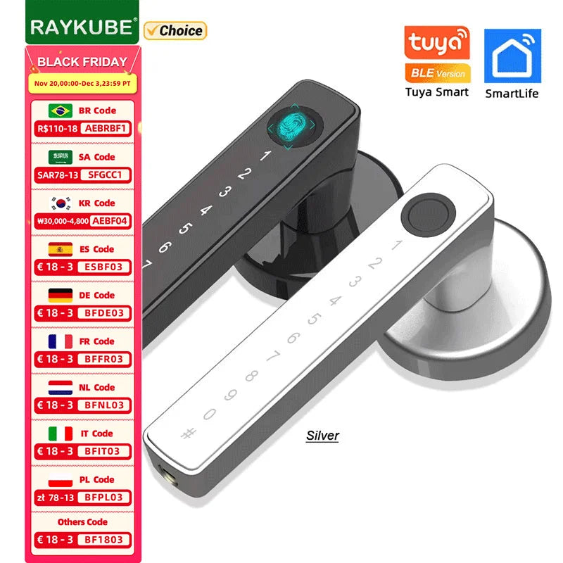 RAYKUBE M5 Tuya BLE Smart Fingerprint Door Lock Electronic Lock with Password/Key/Card/Smartlife/Tuya APP Unlock For Bedroom