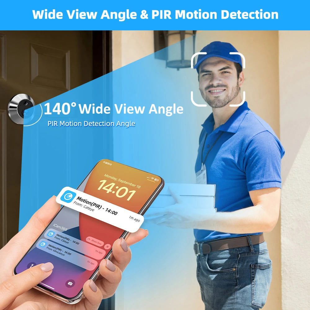 Inteligentna kamera cyfrowa 3MP Mini Peephole Door Camera z Wi-Fi 2,4 GHz, podczerwienią, widzeniem nocnym, czujnikiem ruchu PIR, cyfrowym podglądem, aplikacją iCam365