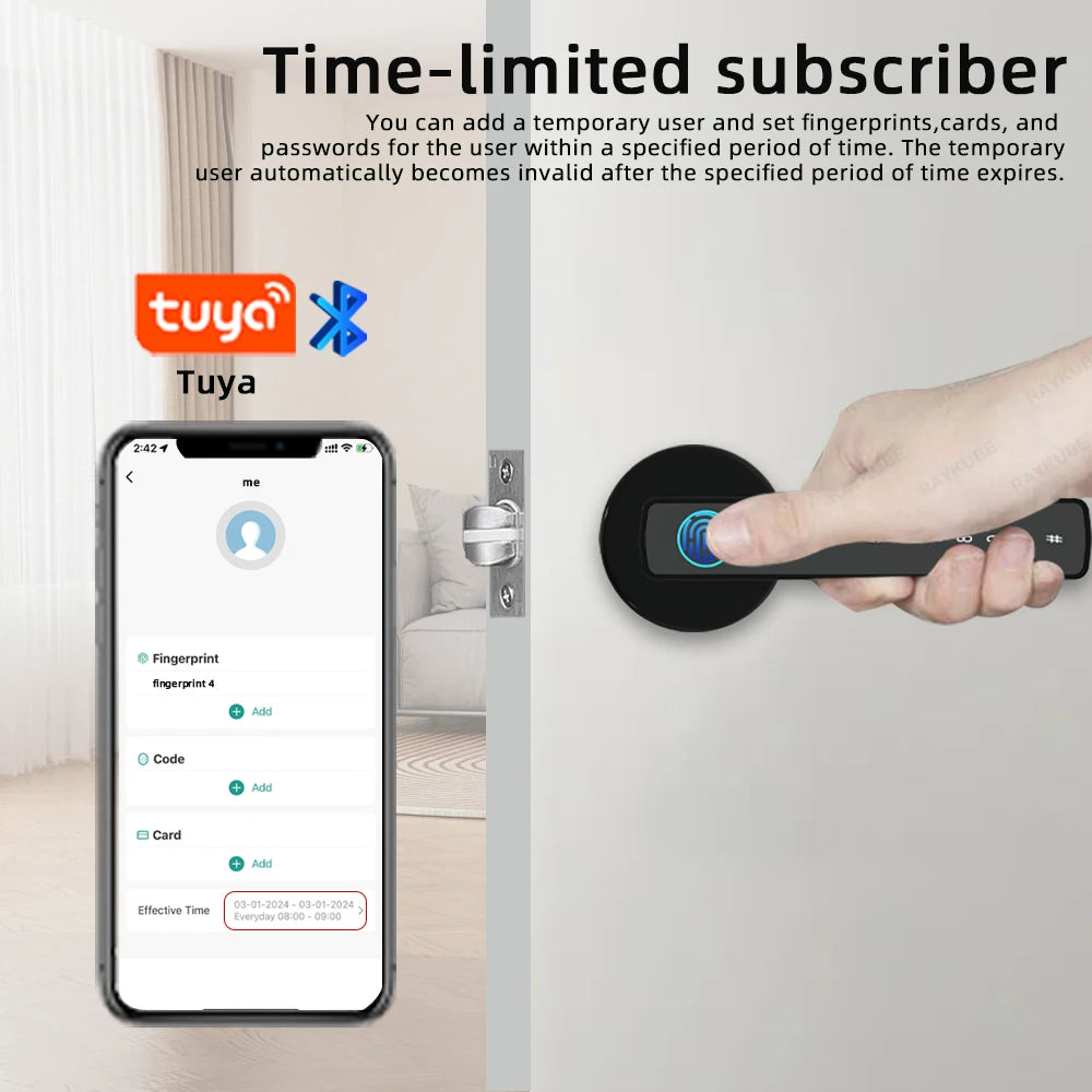 RAYKUBE M5 Tuya BLE Smart Fingerprint Door Lock Electronic Lock with Password/Key/Card/Smartlife/Tuya APP Unlock For Bedroom