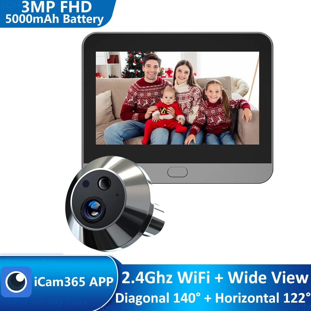 Inteligentna kamera cyfrowa 3MP Mini Peephole Door Camera z Wi-Fi 2,4 GHz, podczerwienią, widzeniem nocnym, czujnikiem ruchu PIR, cyfrowym podglądem, aplikacją iCam365