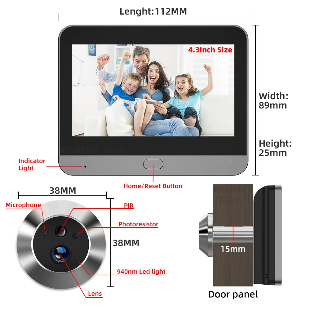 Inteligentna kamera cyfrowa 3MP Mini Peephole Door Camera z Wi-Fi 2,4 GHz, podczerwienią, widzeniem nocnym, czujnikiem ruchu PIR, cyfrowym podglądem, aplikacją iCam365